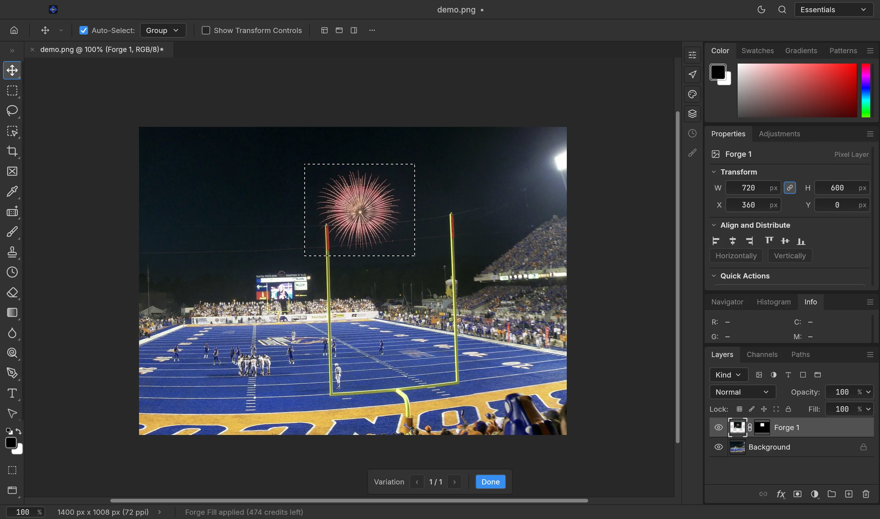 Axis Forge generating a fireworks display into a real stadium photo on the Axis Graphics canvas