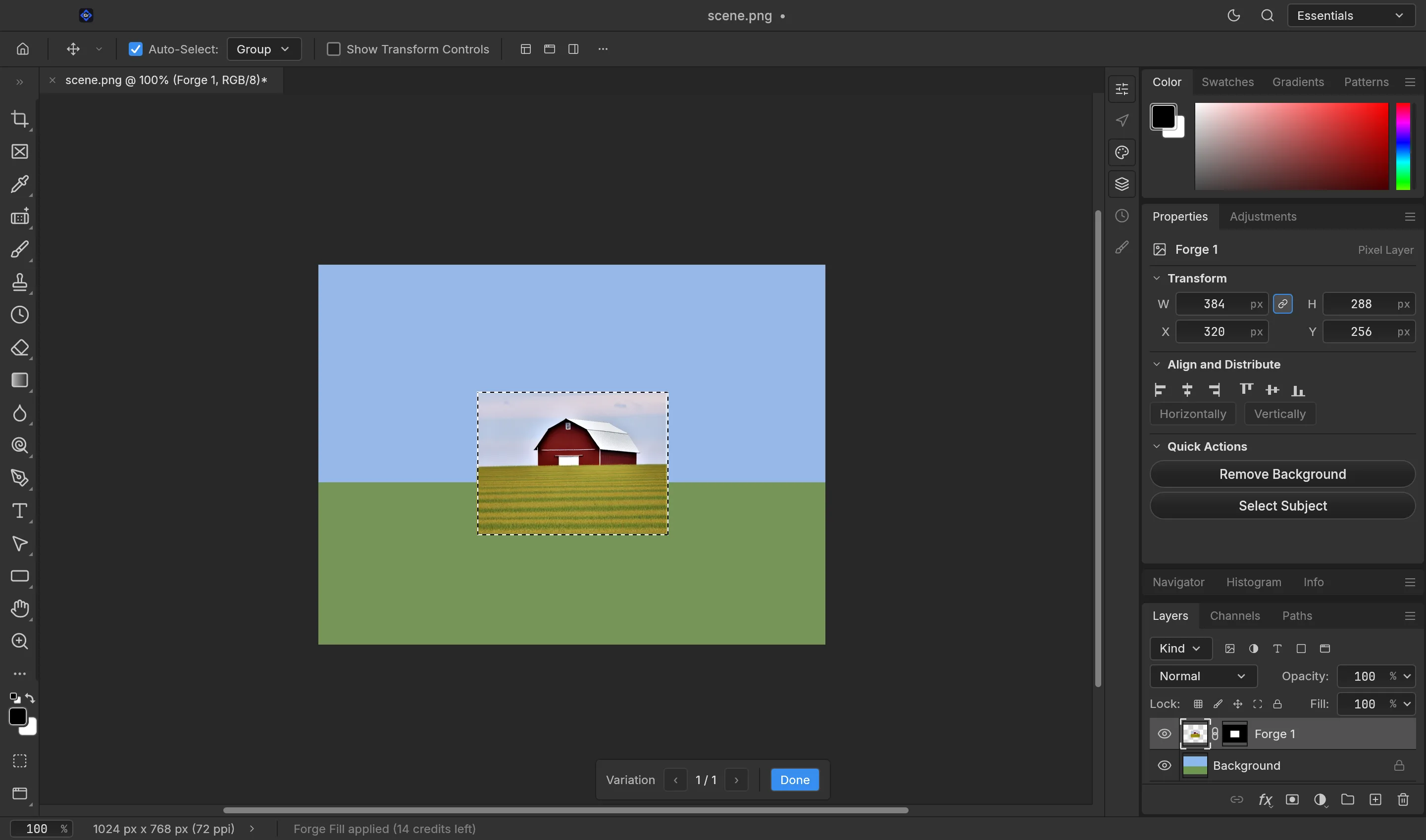 The Axis Forge variation picker over a generated result on the canvas